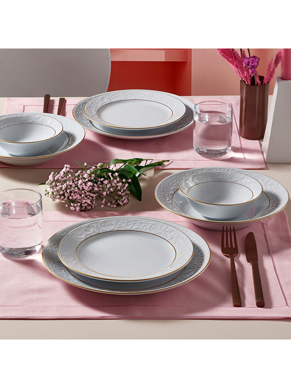 Ekru Bahar Dalı 24 Parça 6 Kişilik Yemek Takımı Çift Altın File