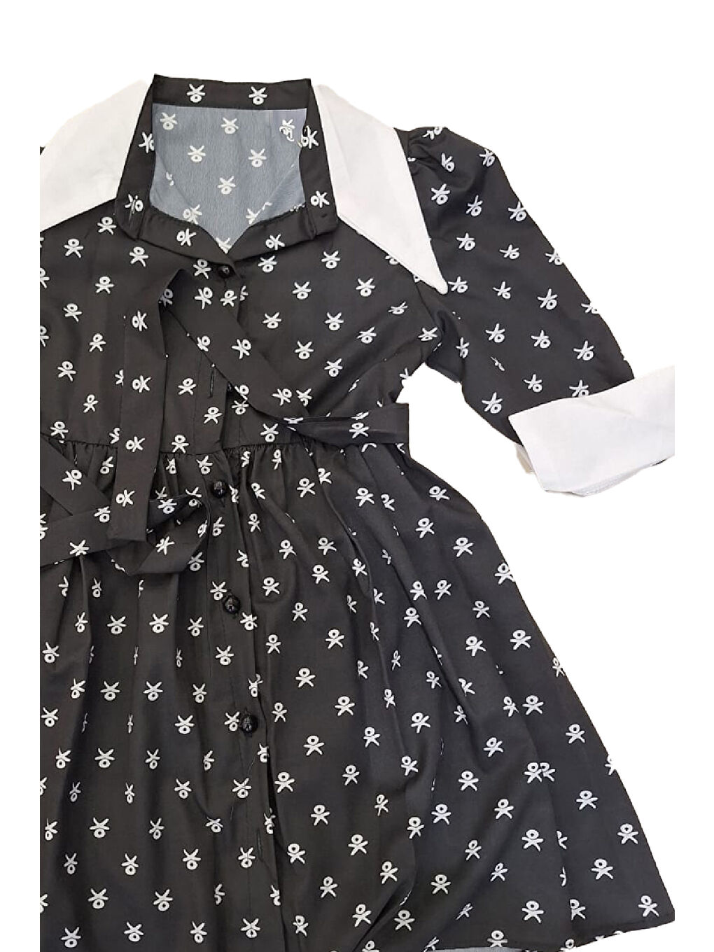 Siyah Kız Çocuk Elbise Yaka ve Manşet Detaylı Boydan Düğmeli ve Kuşaklı 7-12 Yaş 12420-3