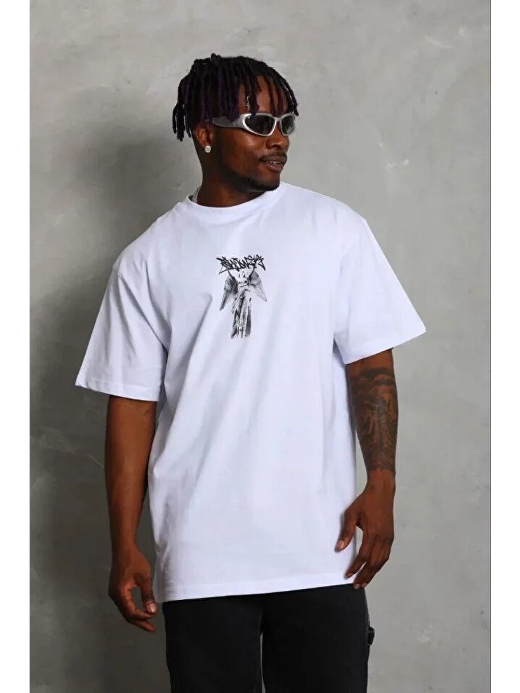 Beyaz Erkek Baskılı Tişört-1