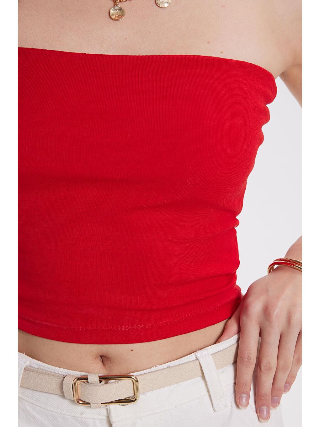 Kadın Slim Fit Dar Kesim Pamuklu Straplez Kırmızı Bluz-3