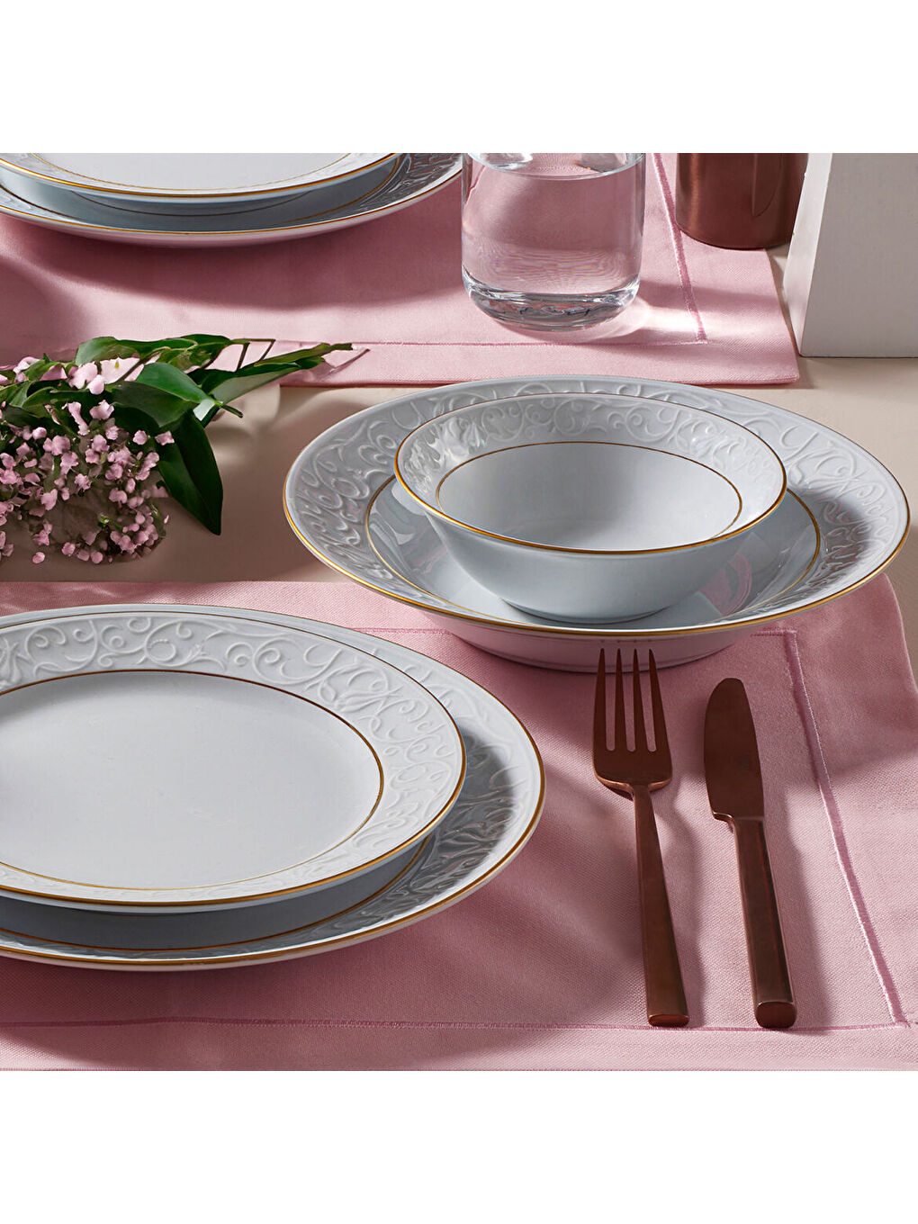 Ekru Bahar Dalı 24 Parça 6 Kişilik Yemek Takımı Çift Altın File-3