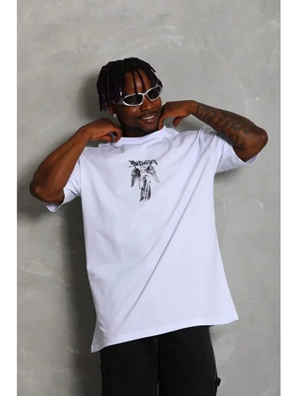 Beyaz Erkek Baskılı Tişört-2