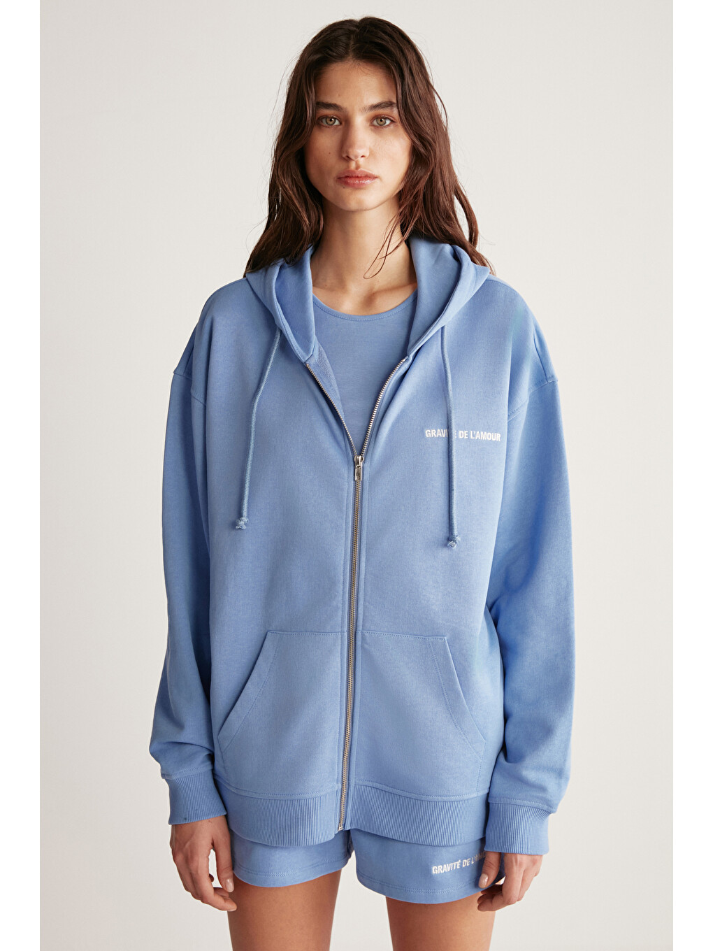 Mavi Ametıs Kadın Oversize Organik Pamuklu Metal Fermuarlı Kapüşonlu MAVİ Sweatshirt