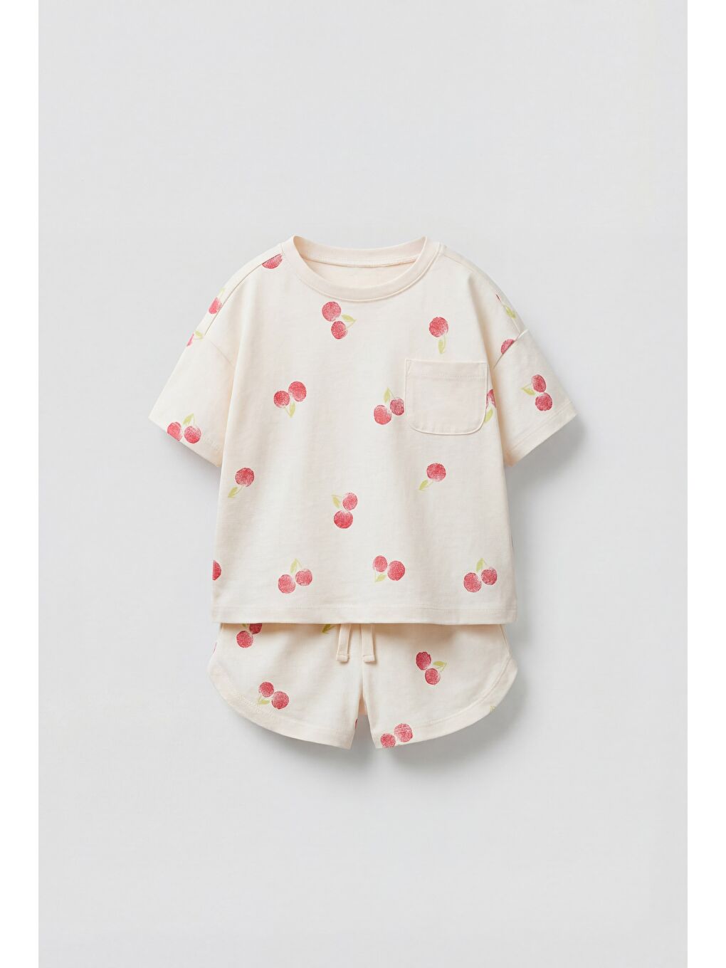 Beyaz Kız Çocuk Pamuklu Ekru Kiraz Desenli Tişört Şort Takım - Cepli