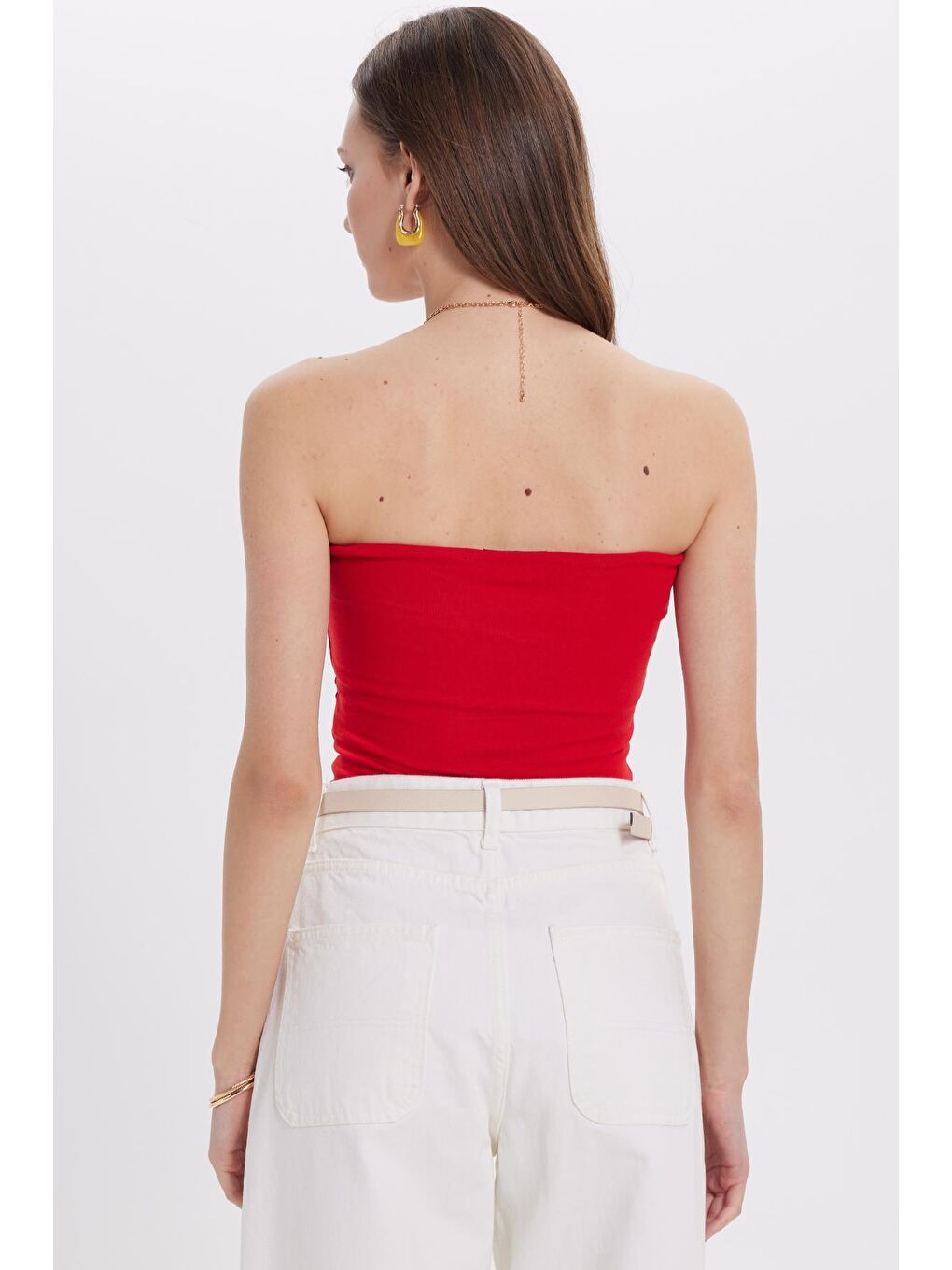 Kadın Slim Fit Dar Kesim Pamuklu Straplez Kırmızı Bluz-6