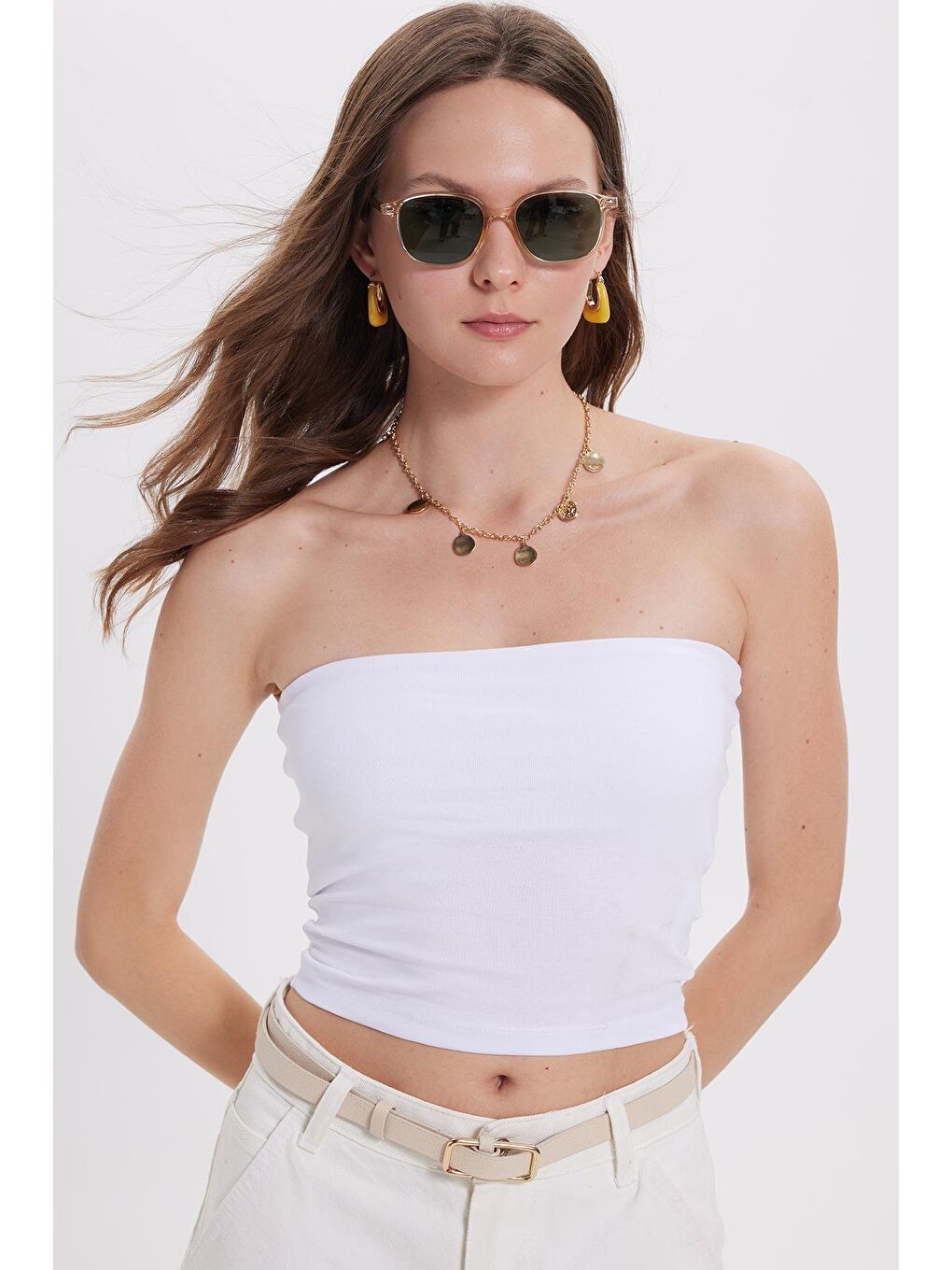 Kadın Slim Fit Dar Kesim Pamuklu Straplez Beyaz Bluz