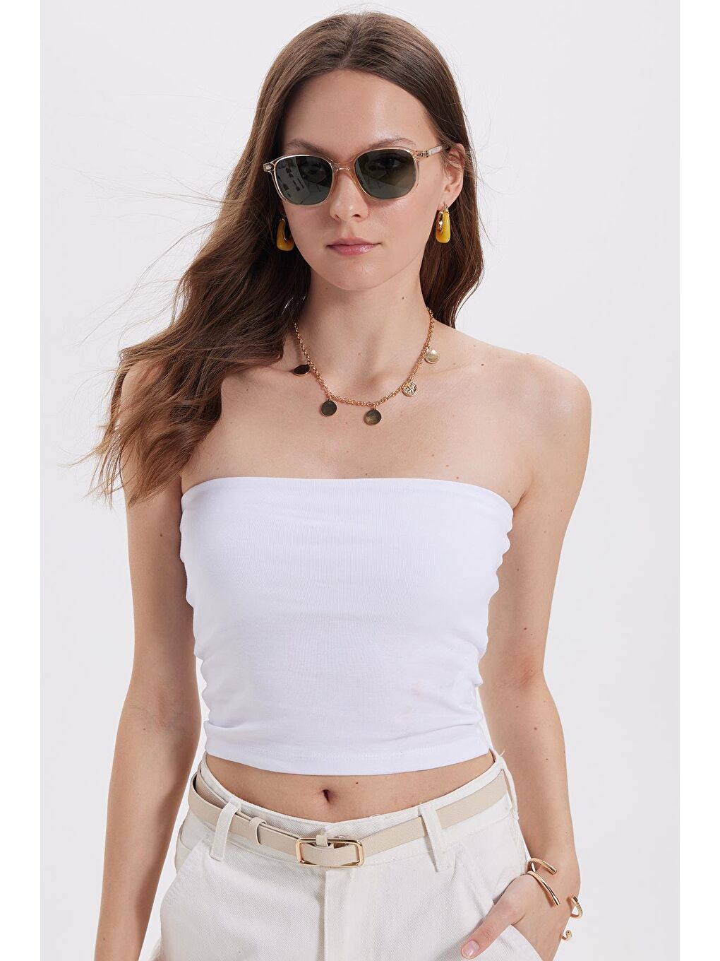 Kadın Slim Fit Dar Kesim Pamuklu Straplez Beyaz Bluz-1