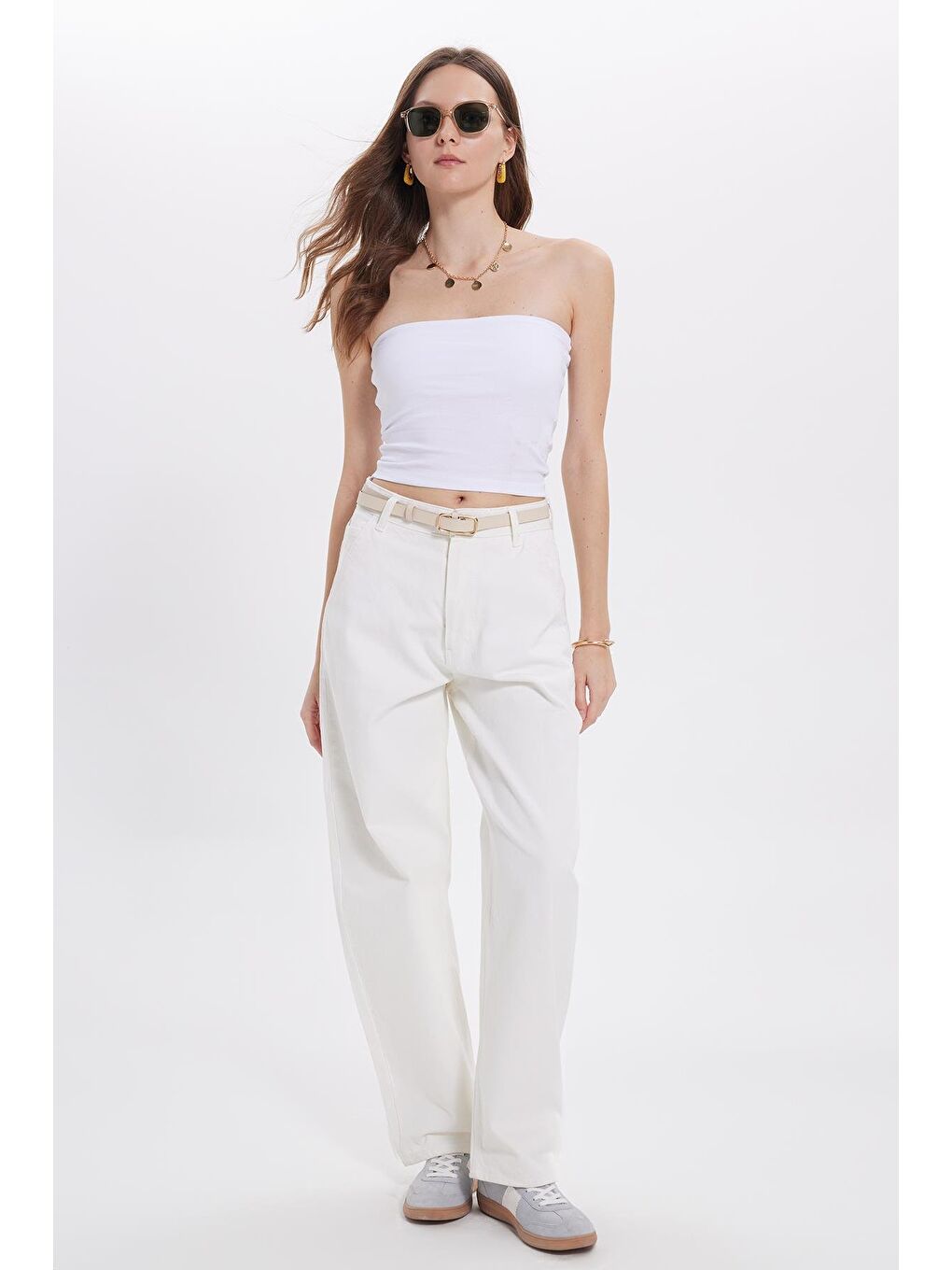 Kadın Slim Fit Dar Kesim Pamuklu Straplez Beyaz Bluz-2