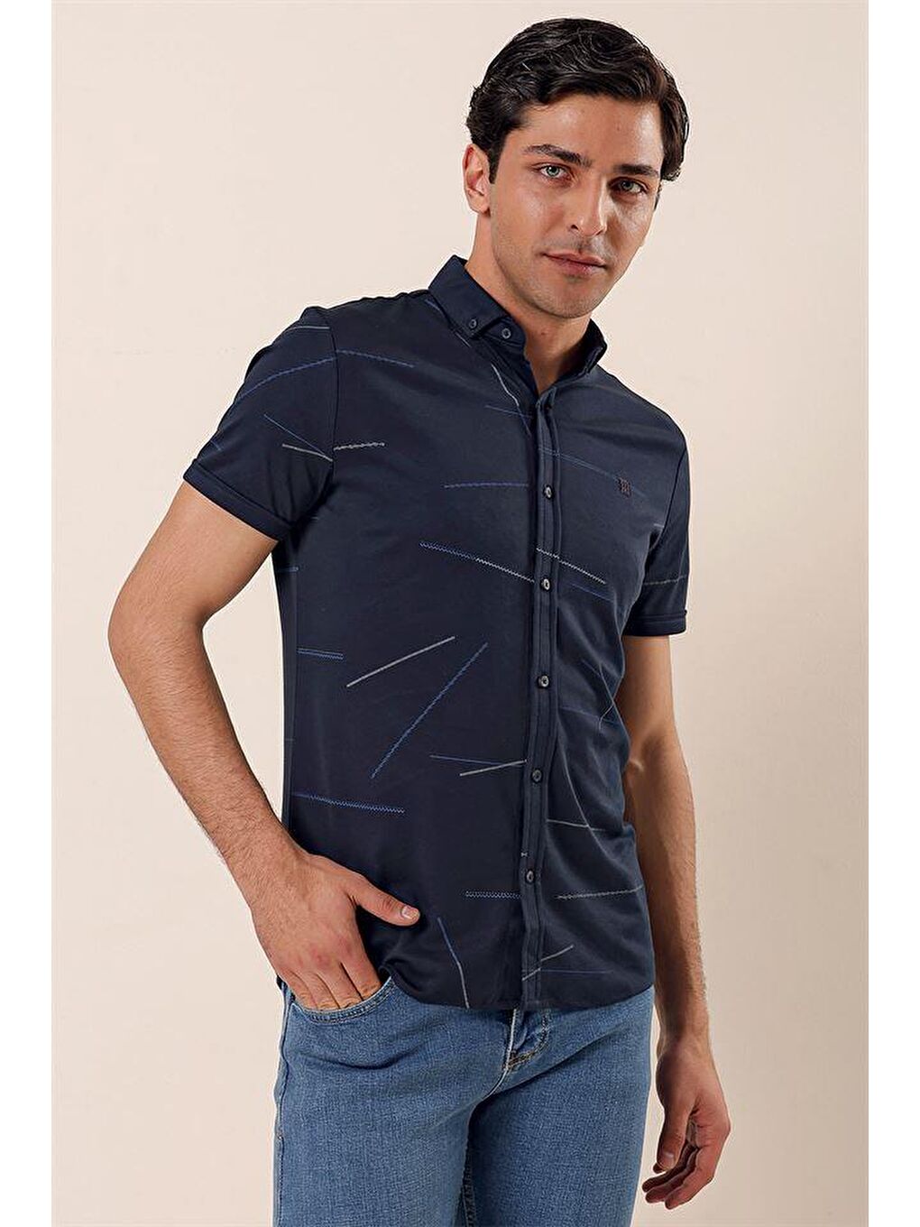 Koyu Lacivert Kısa Kollu Örme Cepsiz Pamuklu Casual Slim Fit Gömlek 1004230202