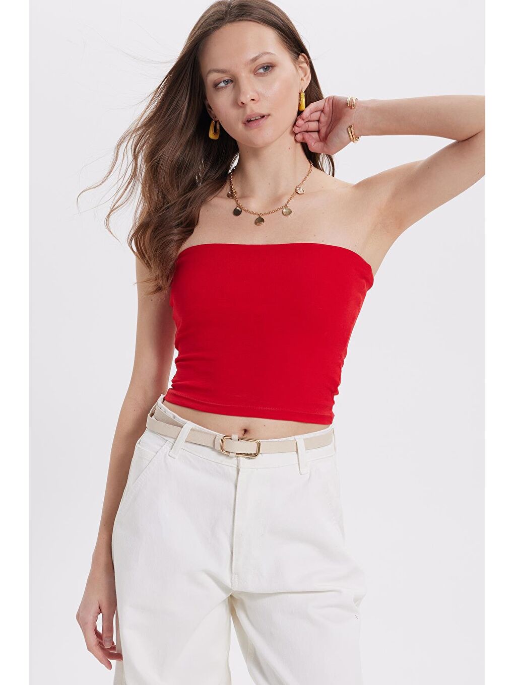 Kadın Slim Fit Dar Kesim Pamuklu Straplez Kırmızı Bluz-7