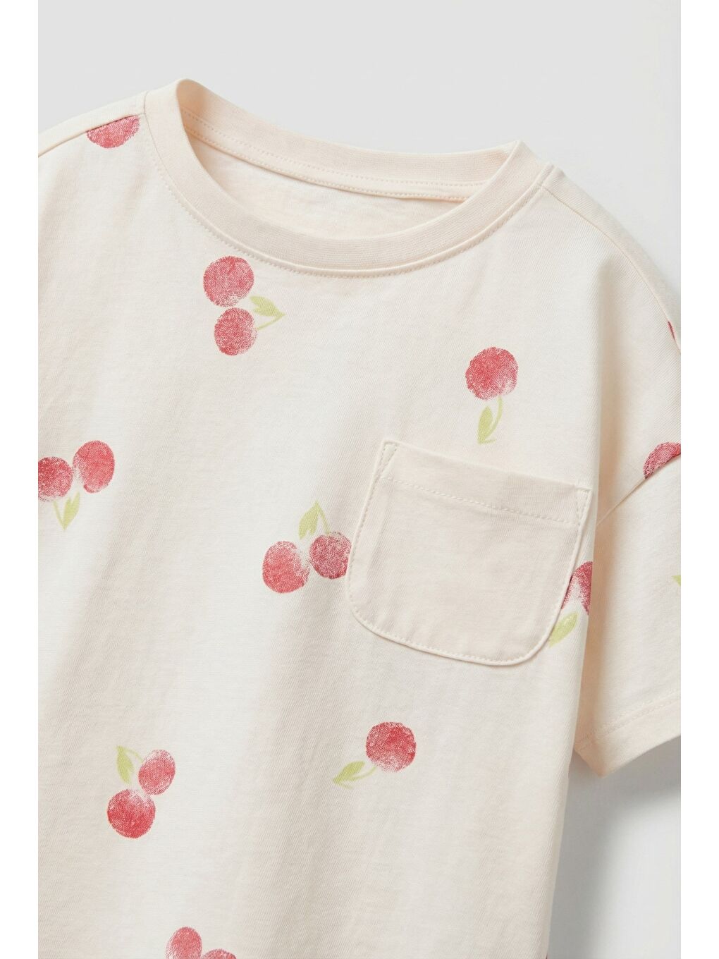 Beyaz Kız Çocuk Pamuklu Ekru Kiraz Desenli Tişört Şort Takım - Cepli-3