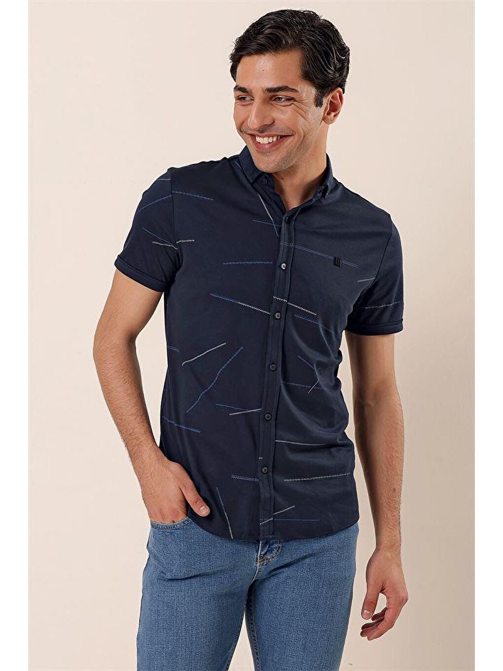 Koyu Lacivert Kısa Kollu Örme Cepsiz Pamuklu Casual Slim Fit Gömlek 1004230202-1