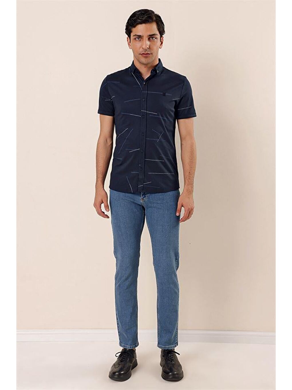 Koyu Lacivert Kısa Kollu Örme Cepsiz Pamuklu Casual Slim Fit Gömlek 1004230202-2