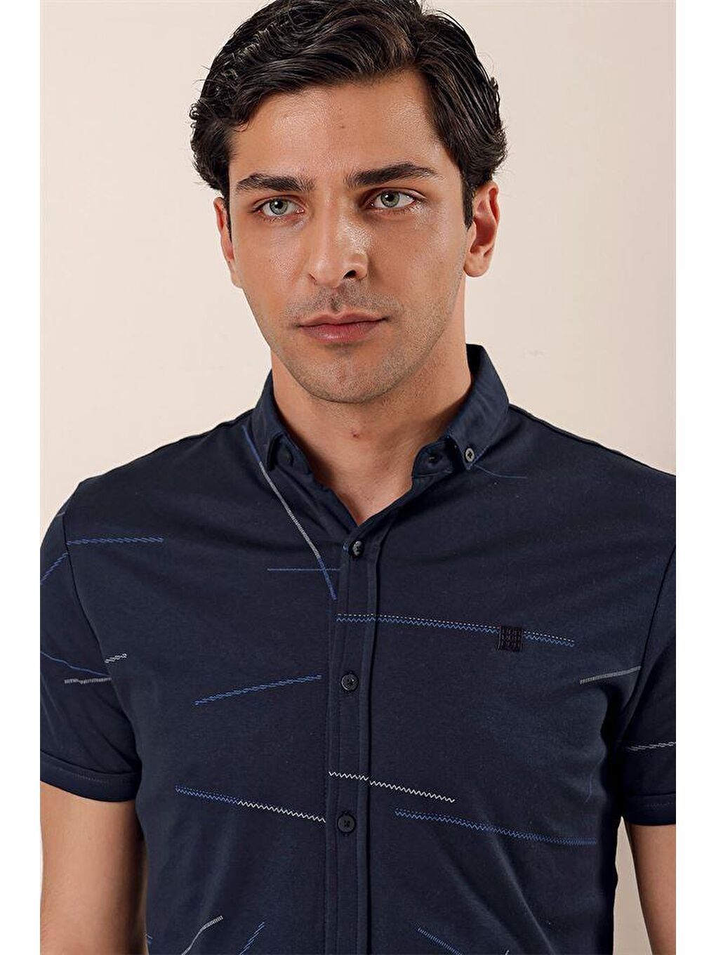 Koyu Lacivert Kısa Kollu Örme Cepsiz Pamuklu Casual Slim Fit Gömlek 1004230202-3