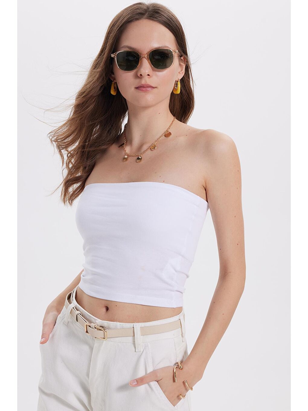 Kadın Slim Fit Dar Kesim Pamuklu Straplez Beyaz Bluz-6