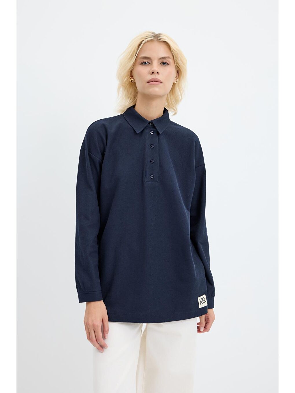 Polo Yaka Yandan Yırtmaçlı Sweatshirt Lacivert-2