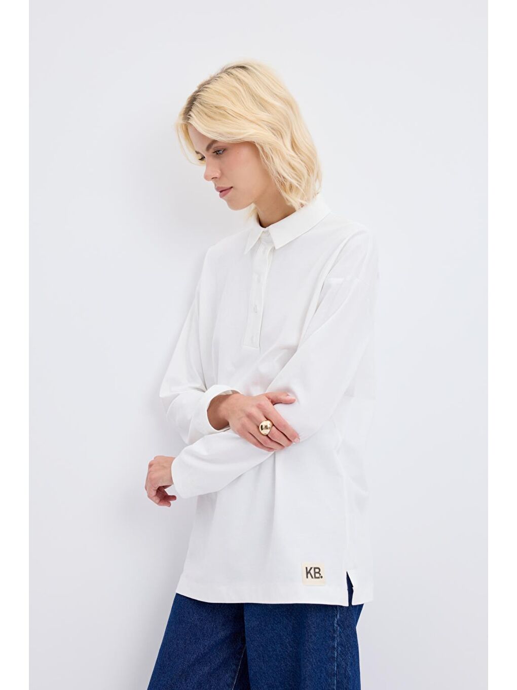 Polo Yaka Yandan Yırtmaçlı Sweatshirt Ekru-4