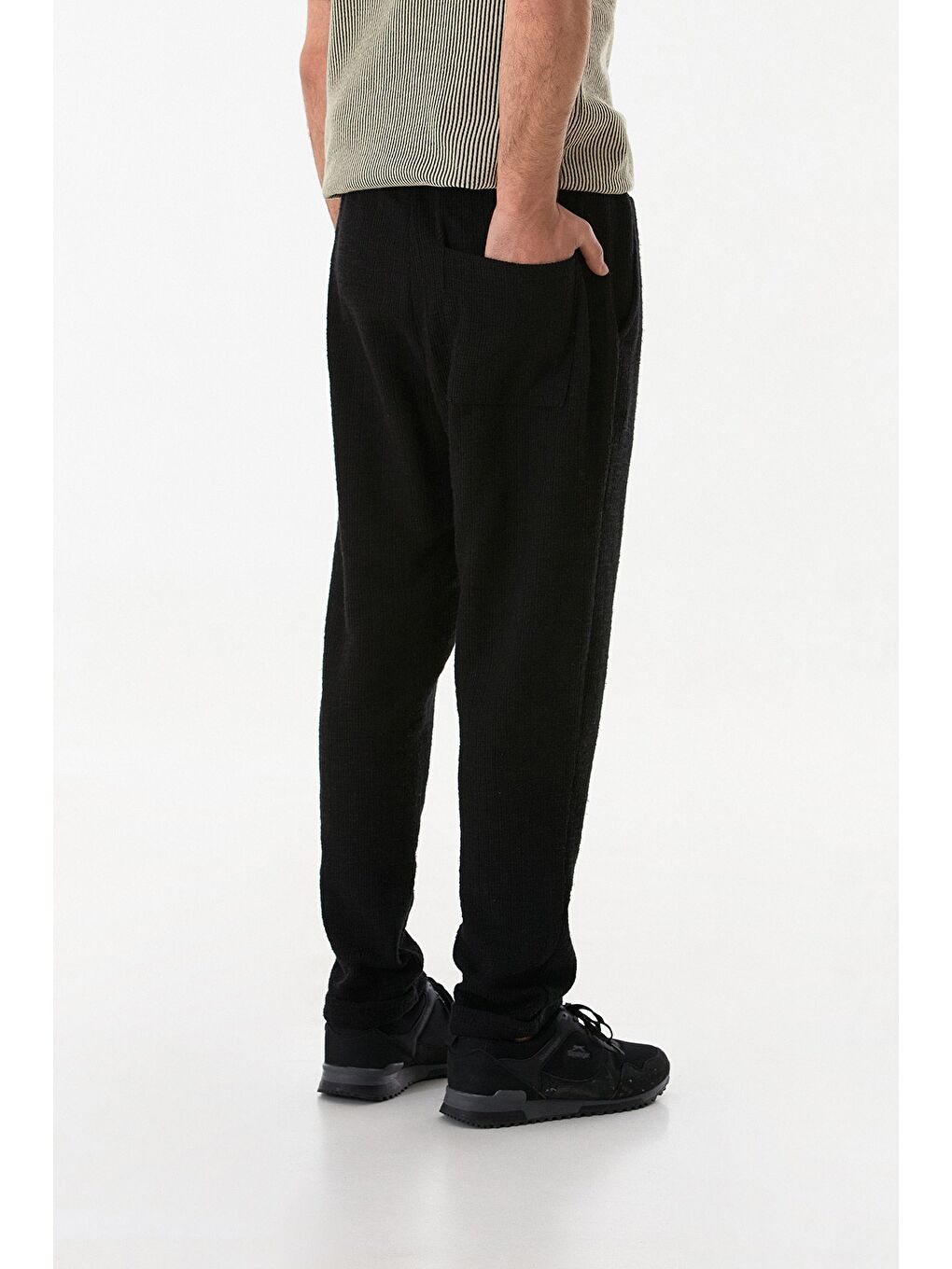 Siyah Fitilli Beli Bağlamalı Duble Paça Jogger Pantolon-3