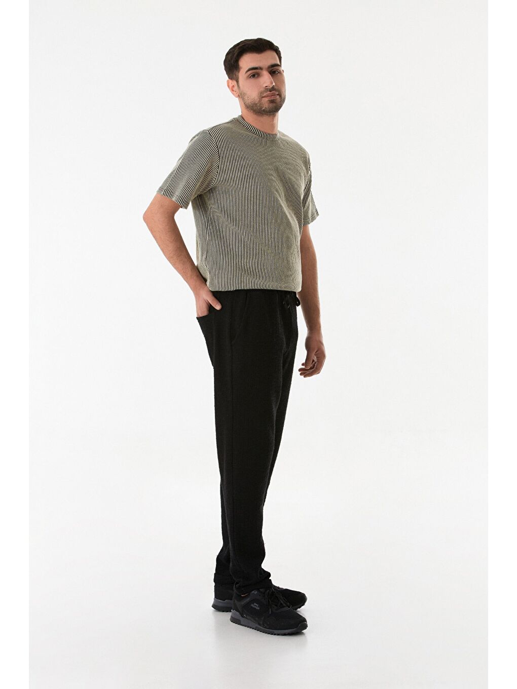 Siyah Fitilli Beli Bağlamalı Duble Paça Jogger Pantolon-4