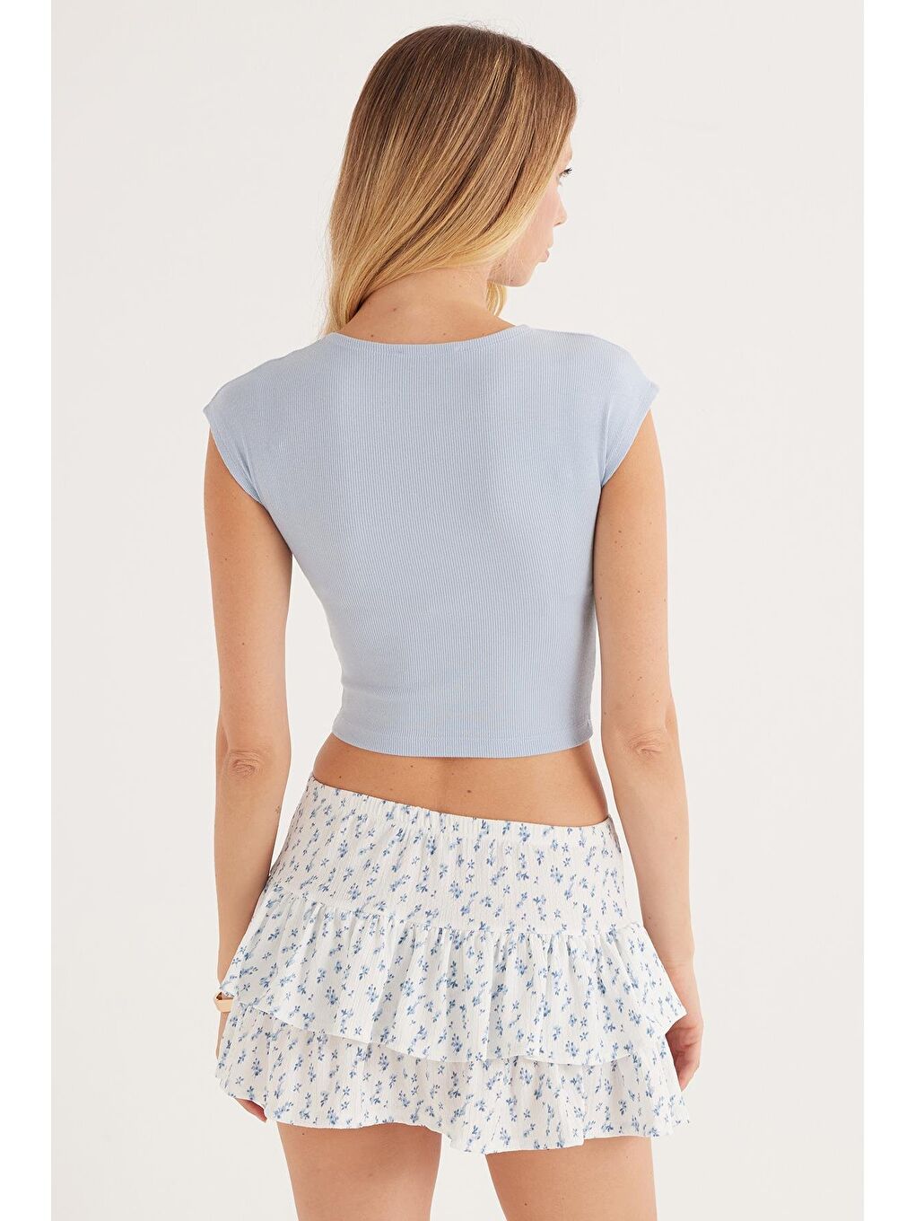 Kadın Modal Kumaş Slim Fit Dar Kesim Kısa Kollu Bisiklet Yaka Mavi Bluz-6