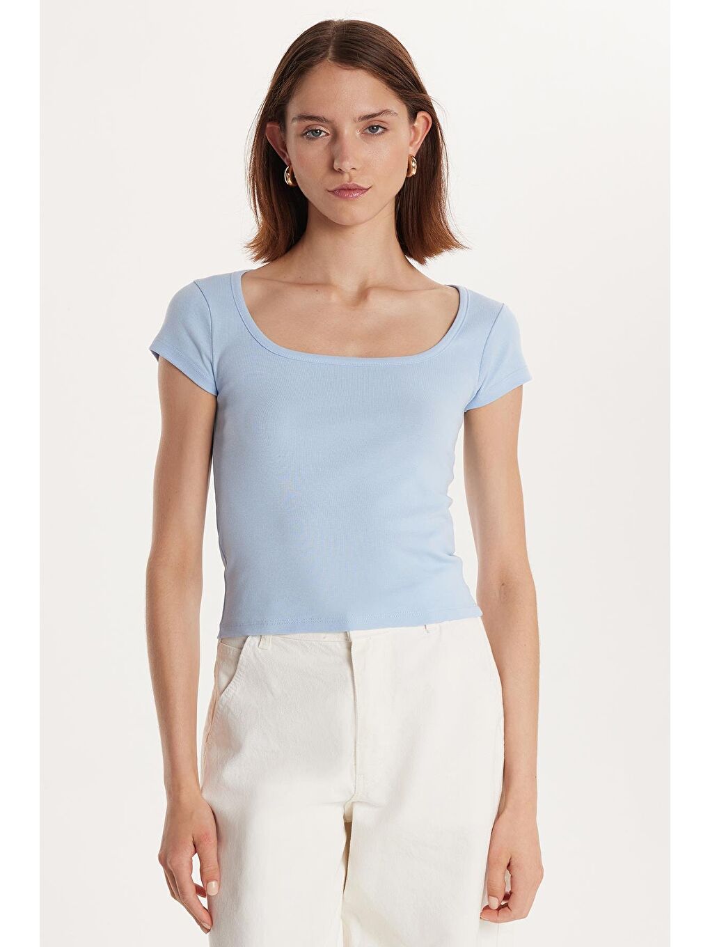 Kadın Slim Fit Dar Kesim Pamuklu Kısa Kollu U Yaka Açık Mavi Bluz-3