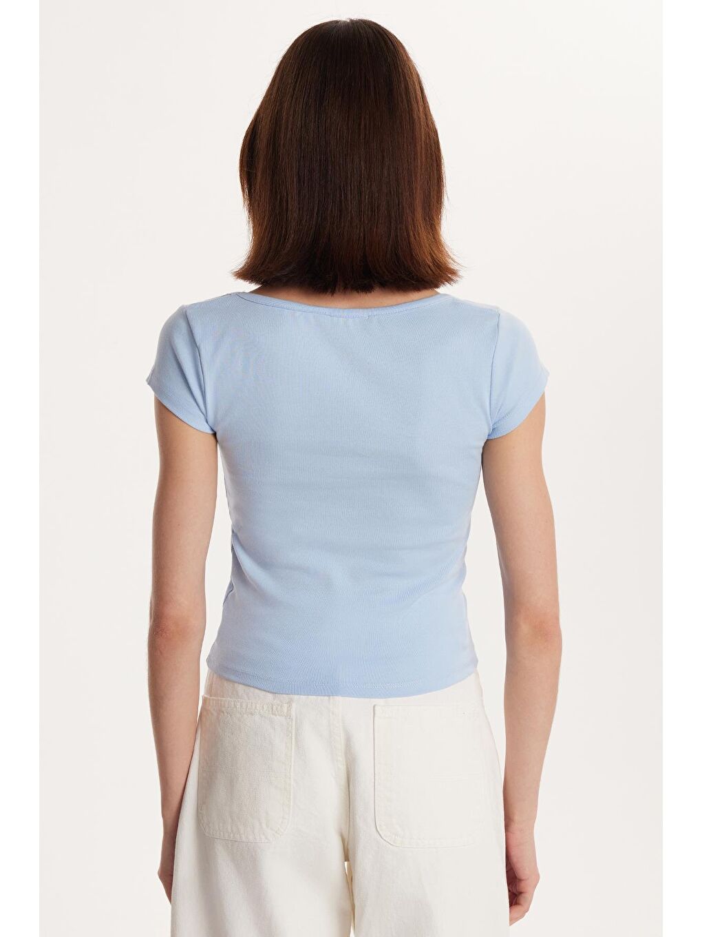 Kadın Slim Fit Dar Kesim Pamuklu Kısa Kollu U Yaka Açık Mavi Bluz-4