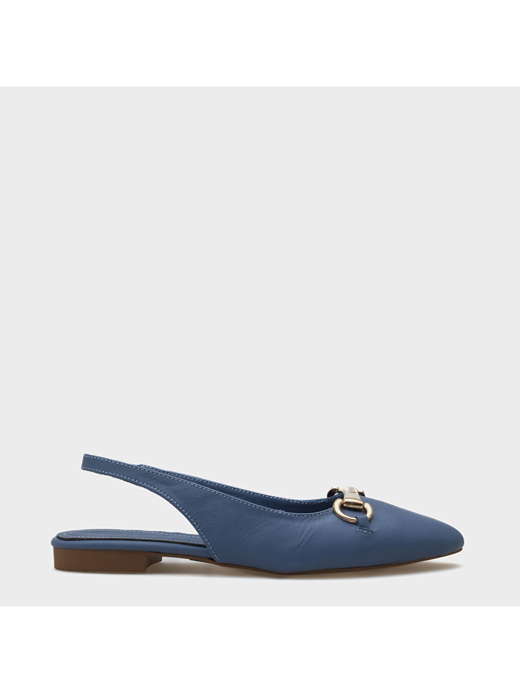 Mavi Bobby Hakiki Deri Sivri Burunlu Arkası Açık Tokalı Kadın Babet