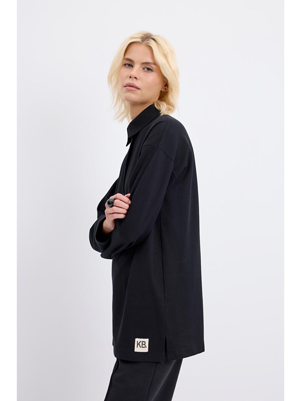 Polo Yaka Yandan Yırtmaçlı Sweatshirt Siyah-2