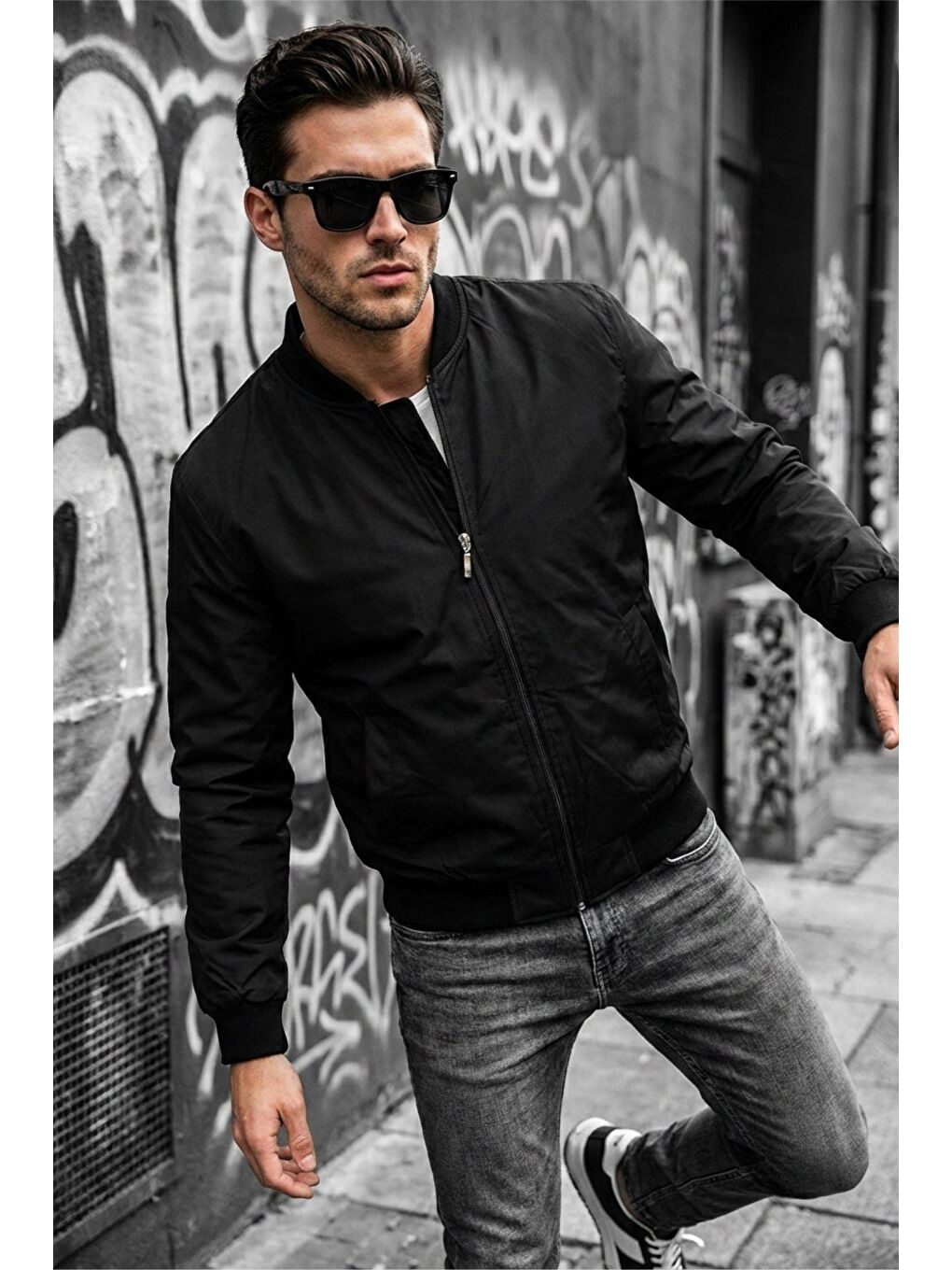 Siyah Guezy Astarlı Kolej Yaka Slim Fit Mevsimlik Erkek Bomber Ceket Mont - Su İtici Kumaş