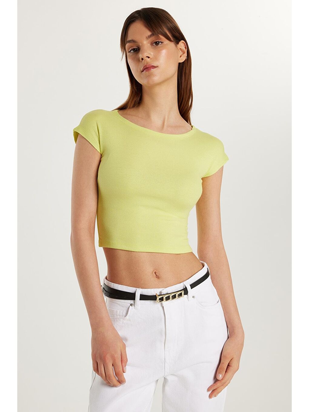 Kadın Modal Kumaş Slim Fit Dar Kesim Kısa Kollu Bisiklet Yaka Yeşil Bluz