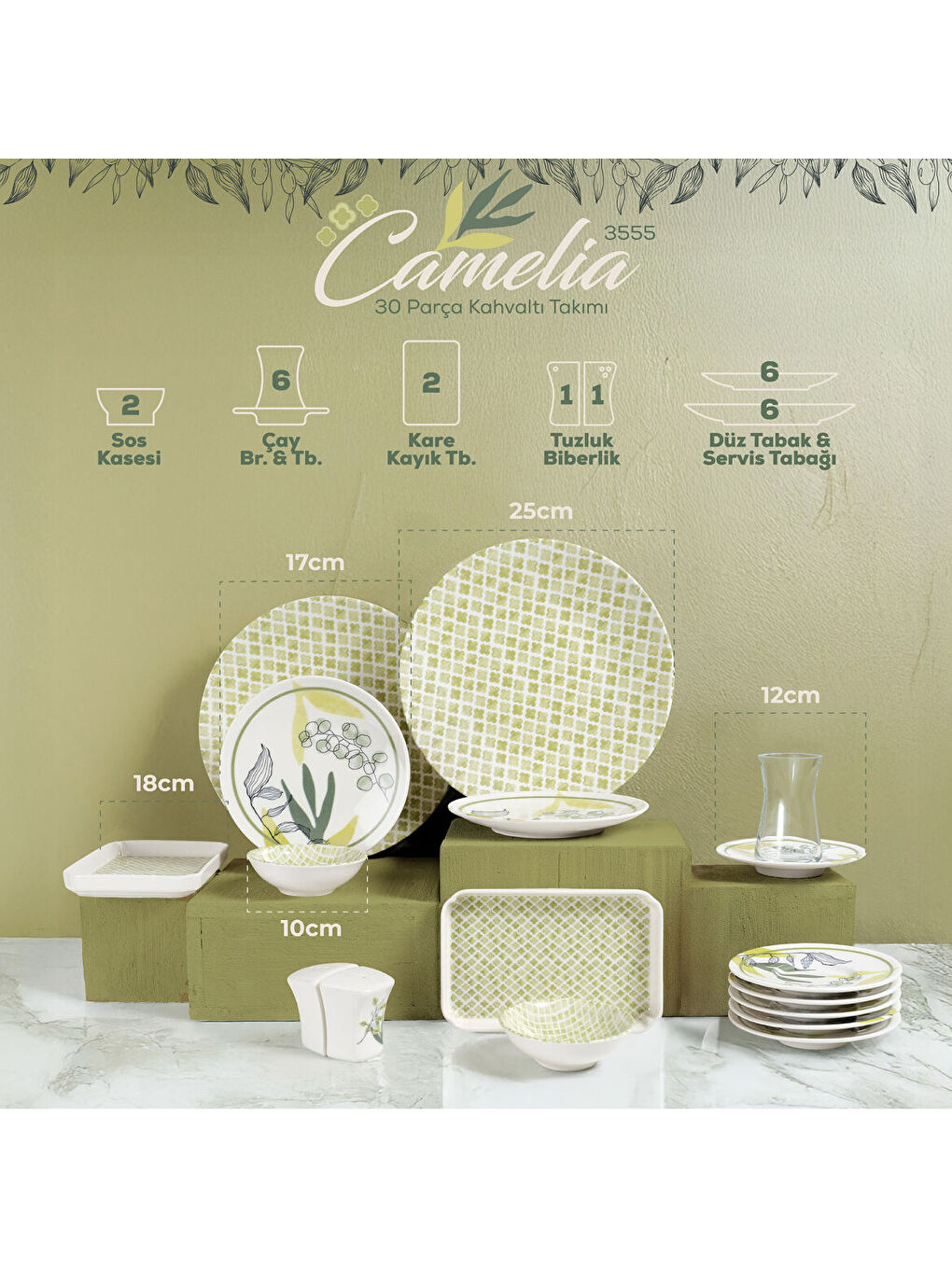 Ekru Camelia 30 Parça 6 Kişilik Kahvaltı Takımı 3555-3