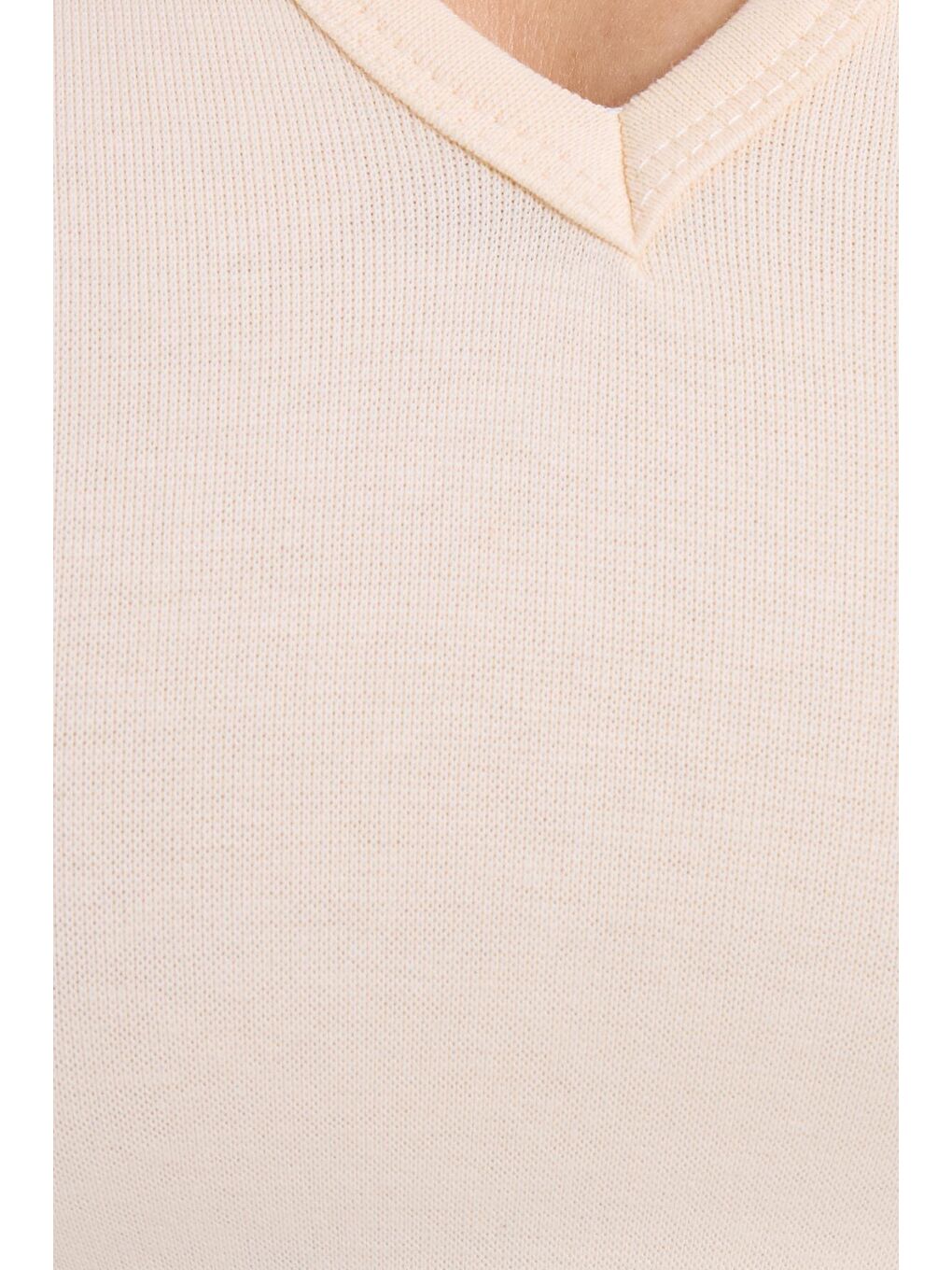 Kadın Slim Fit Dar Kesim V Yaka Sıfır Kol Pamuklu Ribanalı Bej Bluz-6