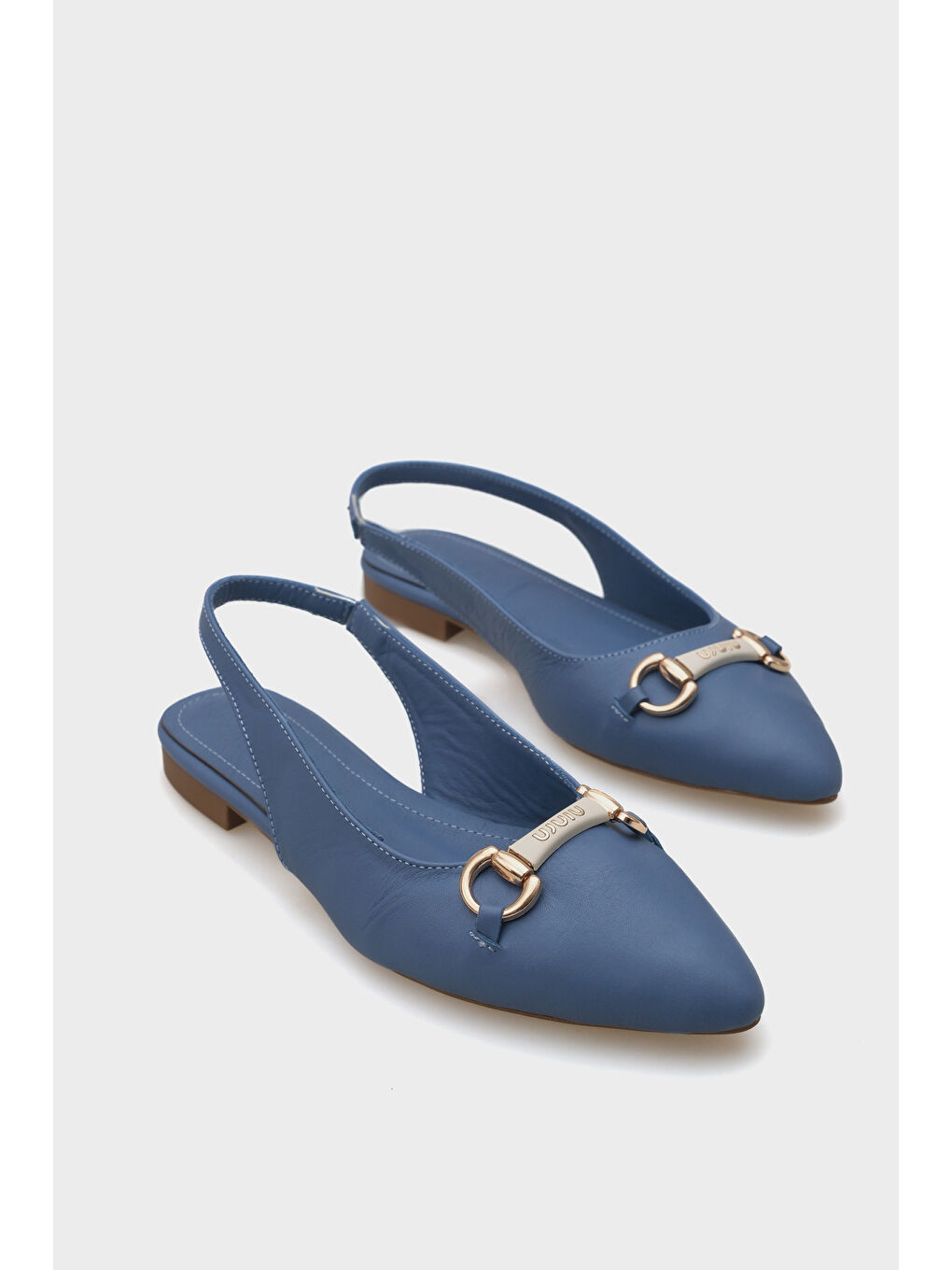 Mavi Bobby Hakiki Deri Sivri Burunlu Arkası Açık Tokalı Kadın Babet-1