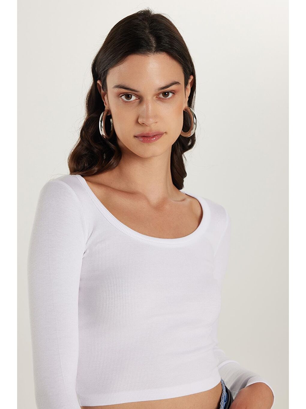 Kadın Modal Kumaş Slim Fit Dar Kesim Uzun Kollu Geniş Yaka Beyaz Bluz