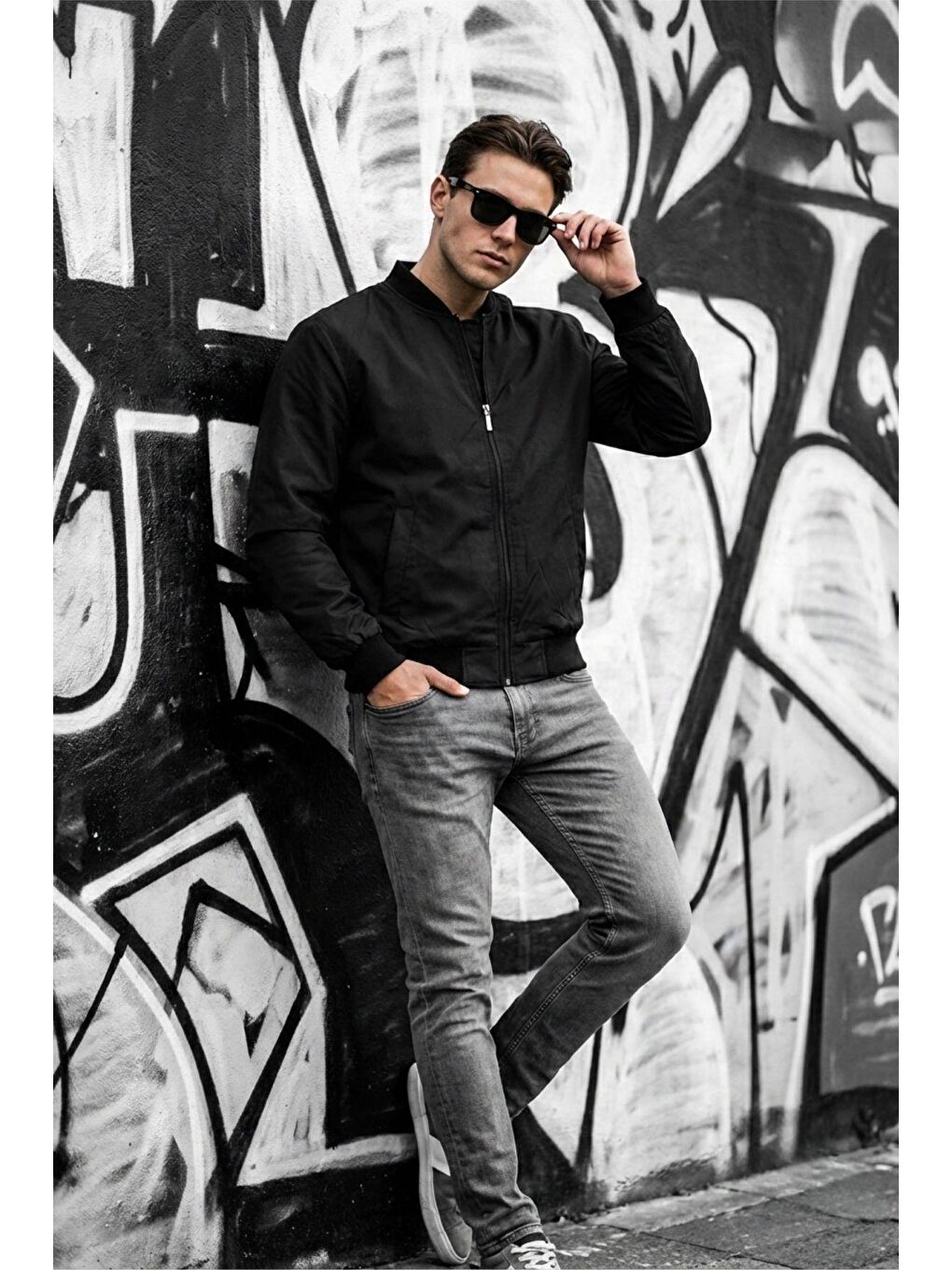 Siyah Guezy Astarlı Kolej Yaka Slim Fit Mevsimlik Erkek Bomber Ceket Mont - Su İtici Kumaş-1