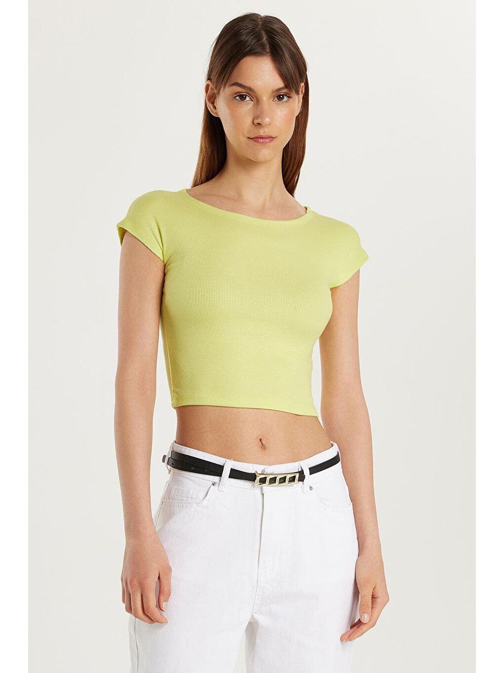 Kadın Modal Kumaş Slim Fit Dar Kesim Kısa Kollu Bisiklet Yaka Yeşil Bluz-3