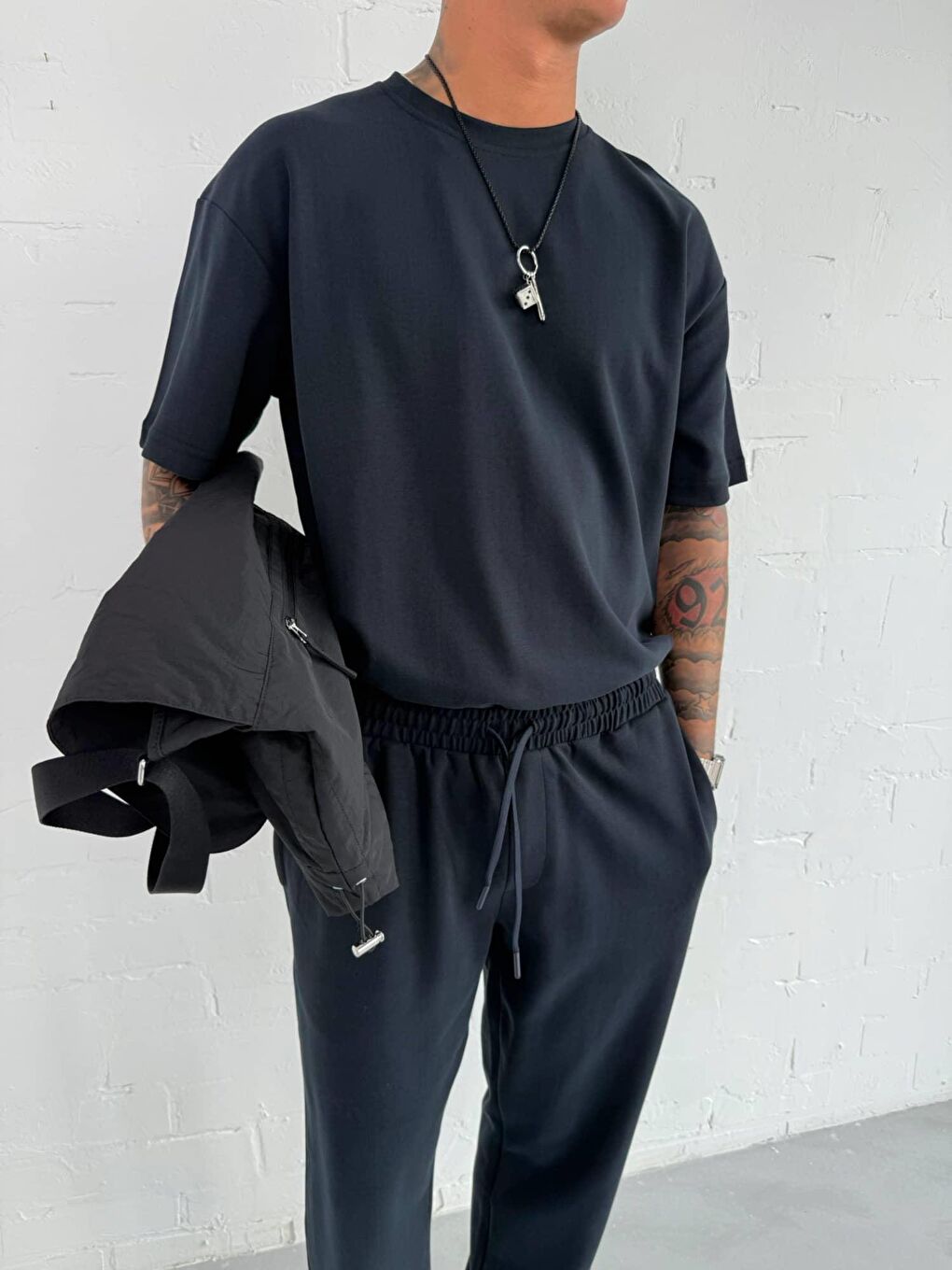 Erkek Oversize Basic Rahat Tişört Lacivert-3