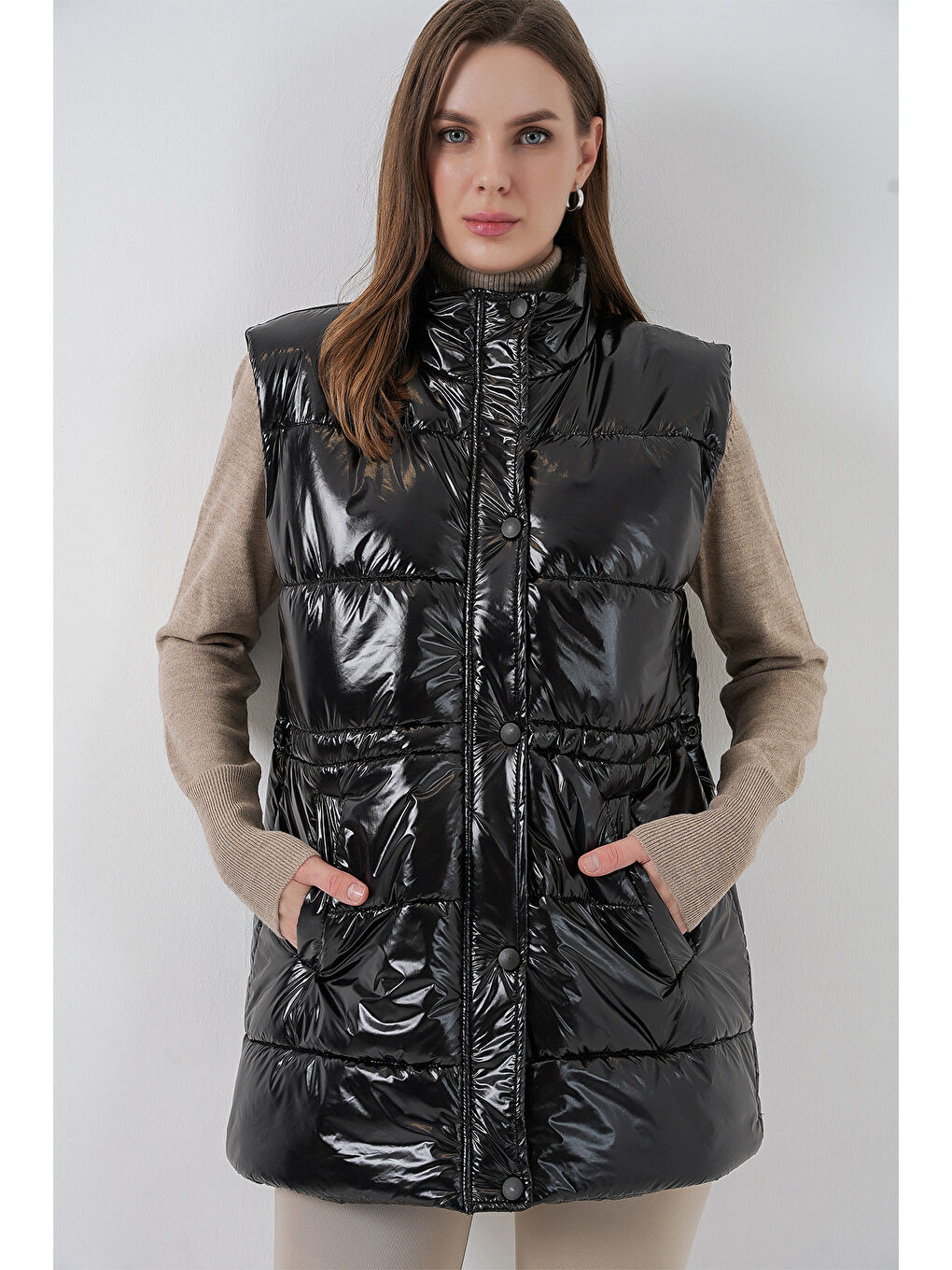 Kadın Parlak Şişme Yelek 5218 - Siyah-2