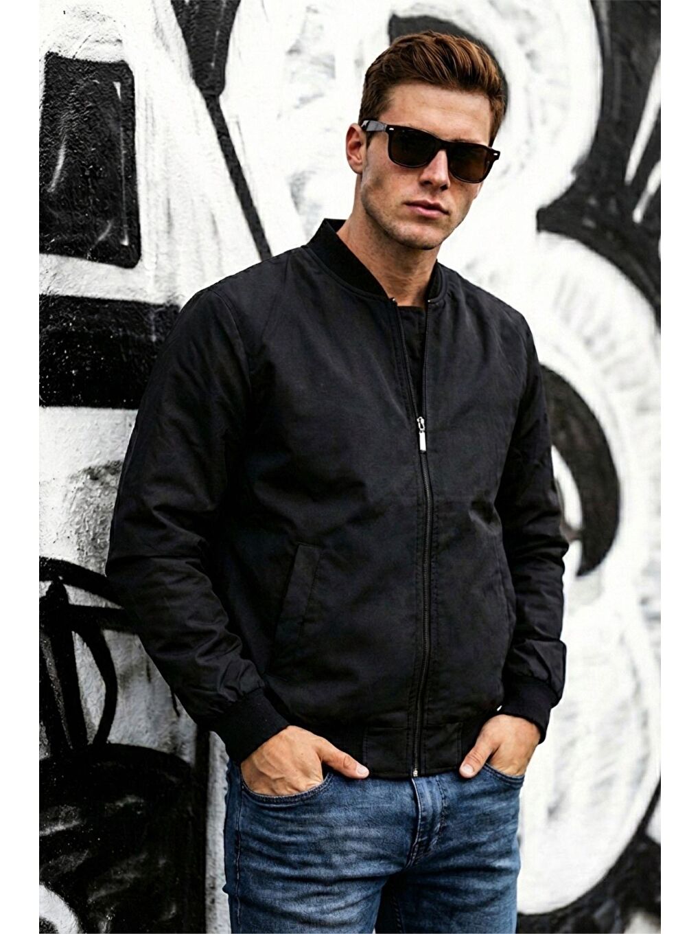 Siyah Guezy Astarlı Kolej Yaka Slim Fit Mevsimlik Erkek Bomber Ceket Mont - Su İtici Kumaş-2