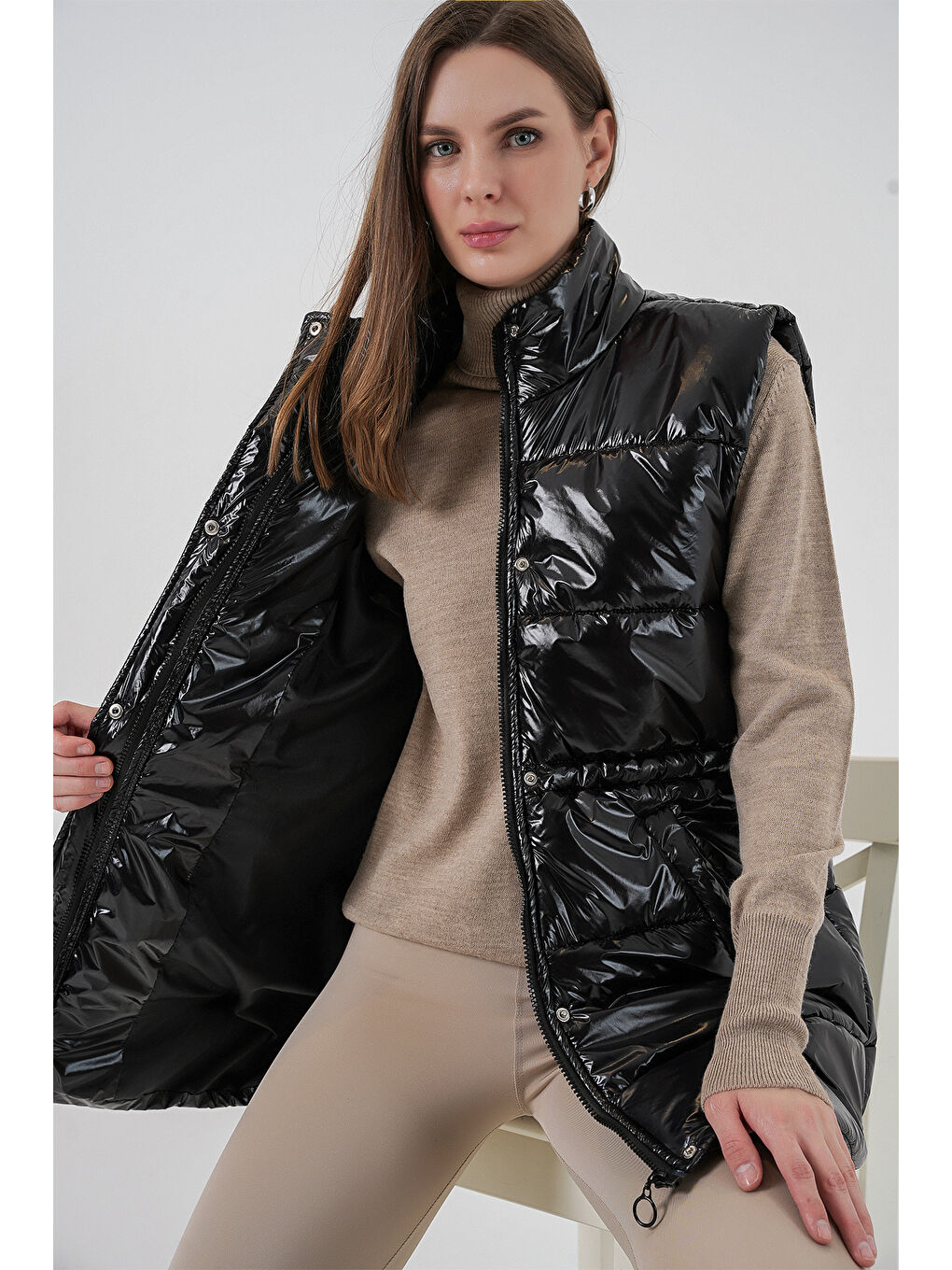 Kadın Parlak Şişme Yelek 5218 - Siyah-3