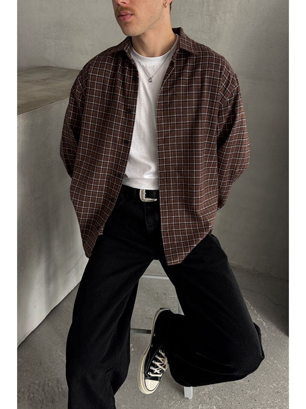 Kahverengi Erkek Oversize Kesim Kareli Gömlek