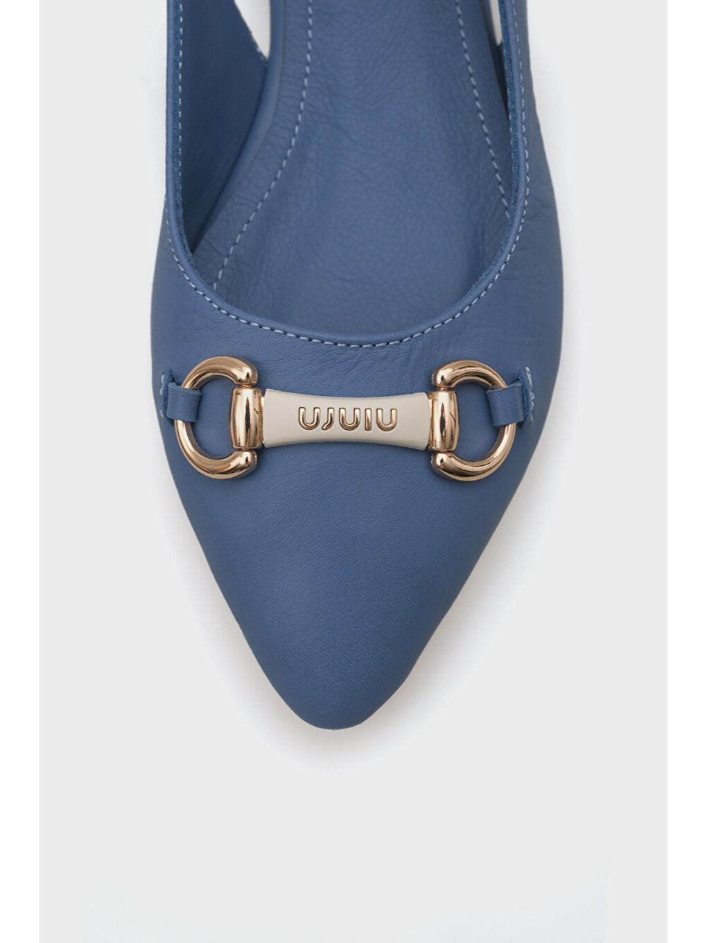 Mavi Bobby Hakiki Deri Sivri Burunlu Arkası Açık Tokalı Kadın Babet-2