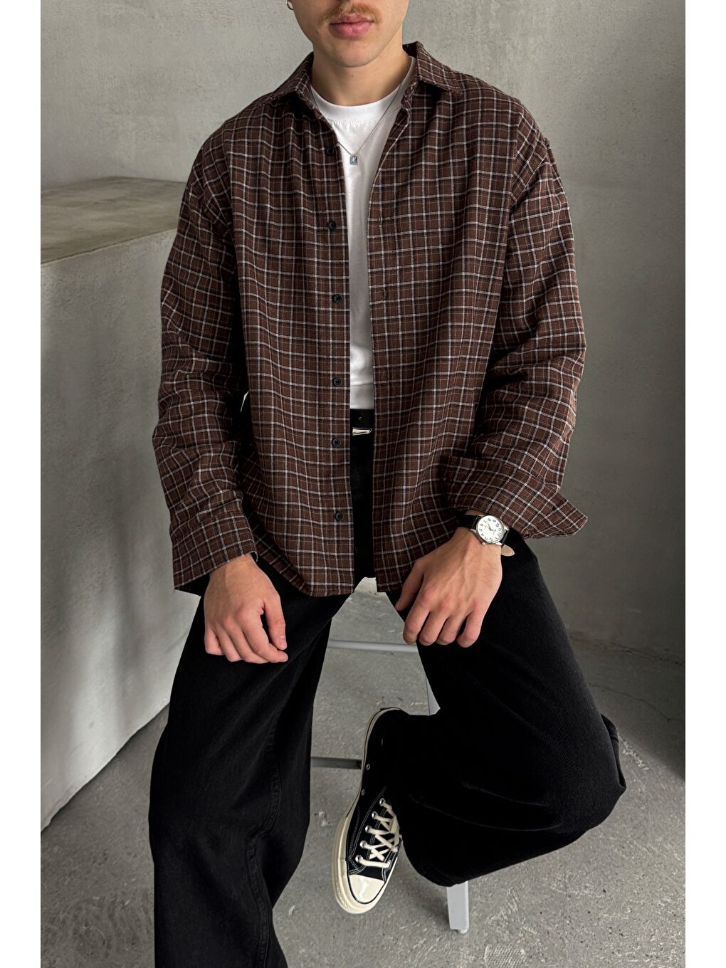 Kahverengi Erkek Oversize Kesim Kareli Gömlek-1