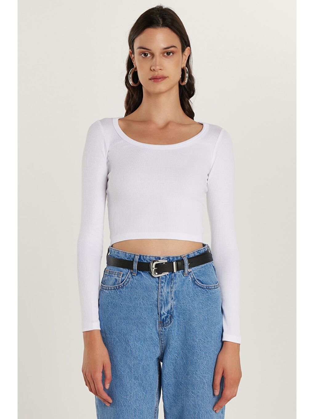 Kadın Modal Kumaş Slim Fit Dar Kesim Uzun Kollu Geniş Yaka Beyaz Bluz-3