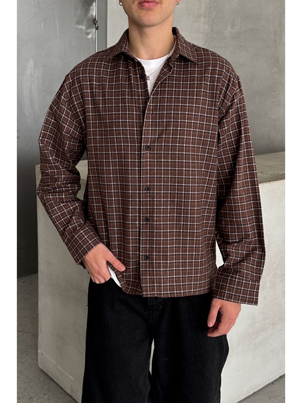 Kahverengi Erkek Oversize Kesim Kareli Gömlek-2