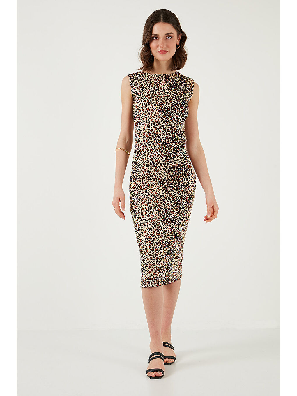 Kahverengi Slim Fit Bisiklet Yaka Kolsuz Midi Boy Kadın Elbise 5866251-3