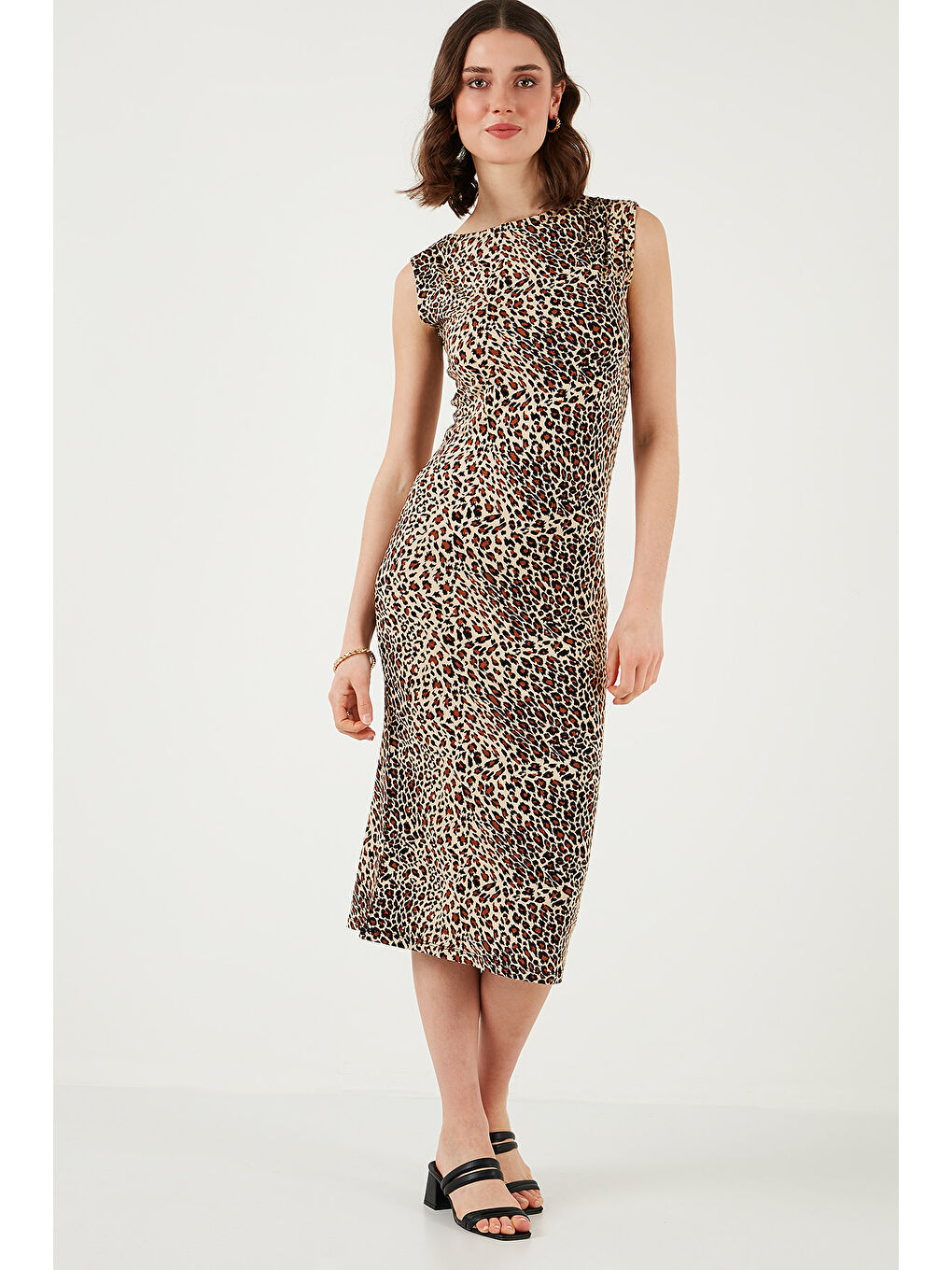 Kahverengi Slim Fit Bisiklet Yaka Kolsuz Midi Boy Kadın Elbise 5866251-5