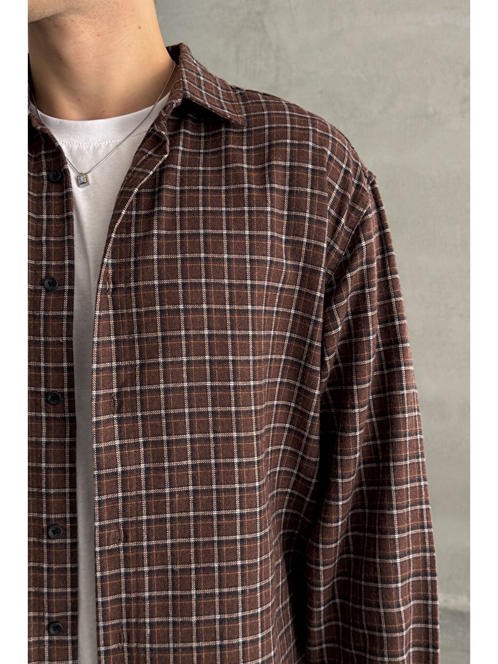 Kahverengi Erkek Oversize Kesim Kareli Gömlek-4