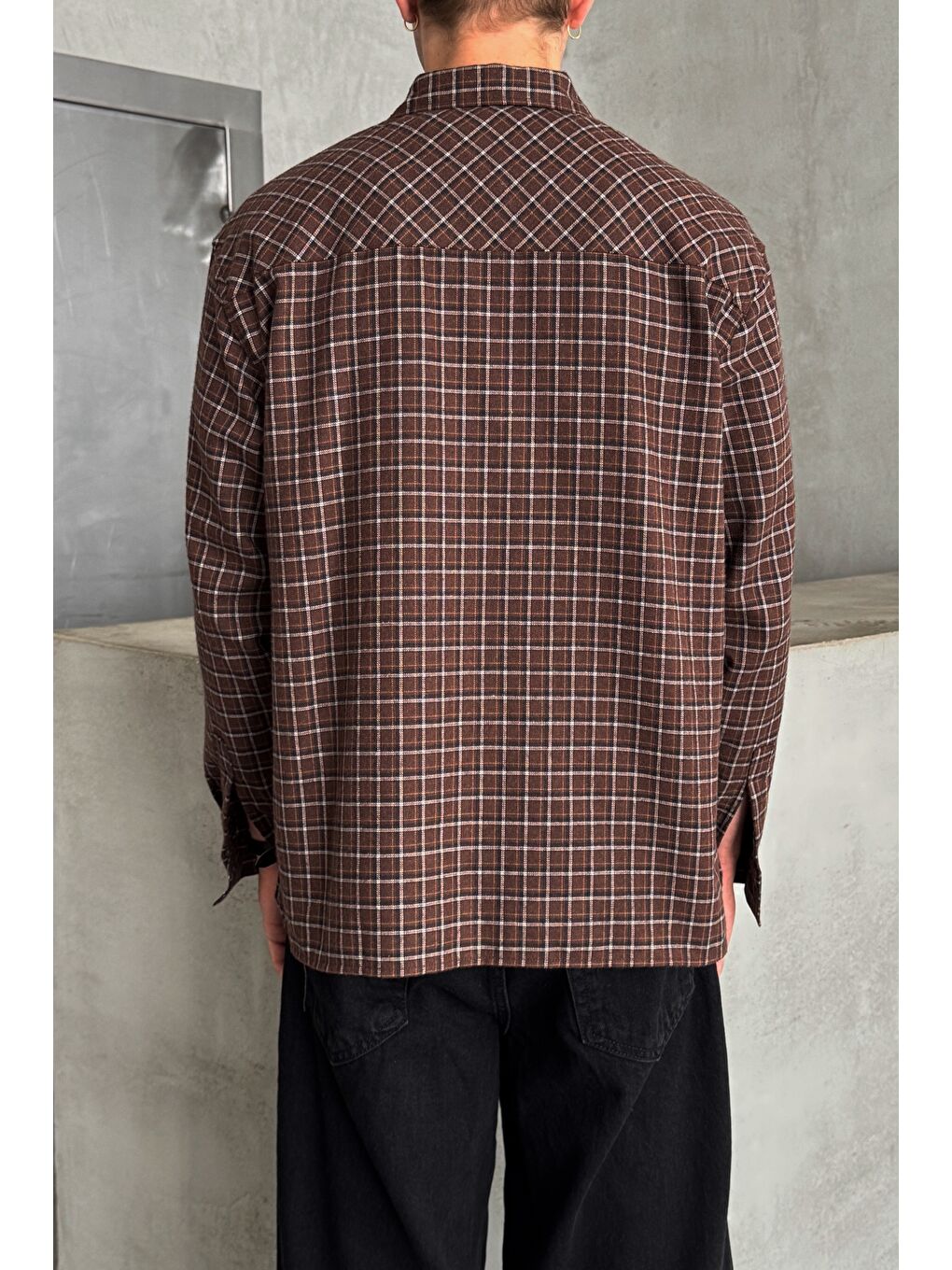 Kahverengi Erkek Oversize Kesim Kareli Gömlek-5