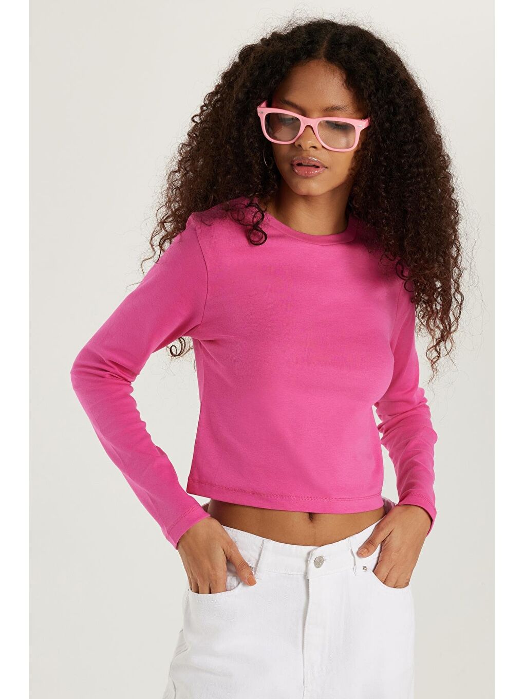 Kadın Slim Fit Pamuklu Uzun Kol Düz Bisiklet Yaka Fuşya Bluz-1